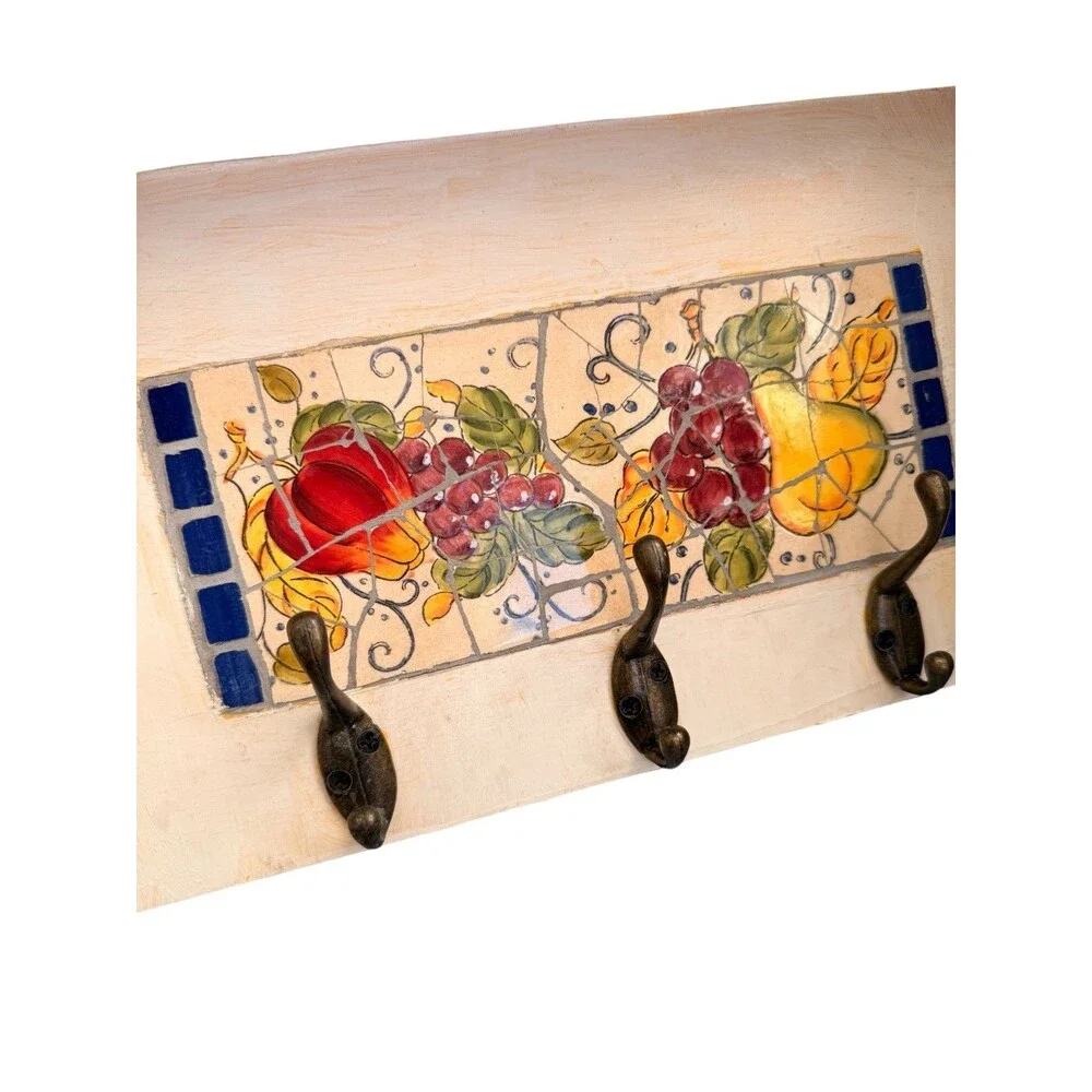 Vintage White Wood Shelf Mosaic Tiles Art Farmhouse Cottage core Hooks Y2K
